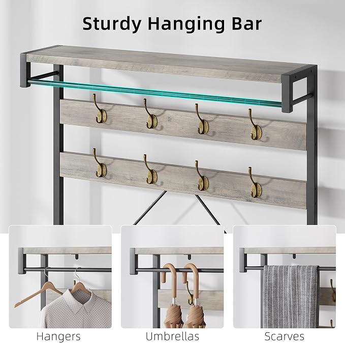 IDEALHOUSE Coat Rack Shoe Bench Industrial Hall Tree Storage Bench for Entryway Wood Look Accent Large Shoe Rack with Storage Shelf Hanging Bar,8 Hooks Grey 39.9"x15.7"x72" - Image 6
