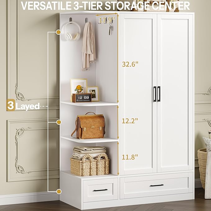 DynJest Armoire Wardrobe Closet with 2 Drawers, 70" Tall Clothing Storage Cabinet with Hanging Rod, 3 Open Shelves & 5 Hooks, 2 Doors Large Capacity Wooden Wardrobe Cabinet for Bedroom, White