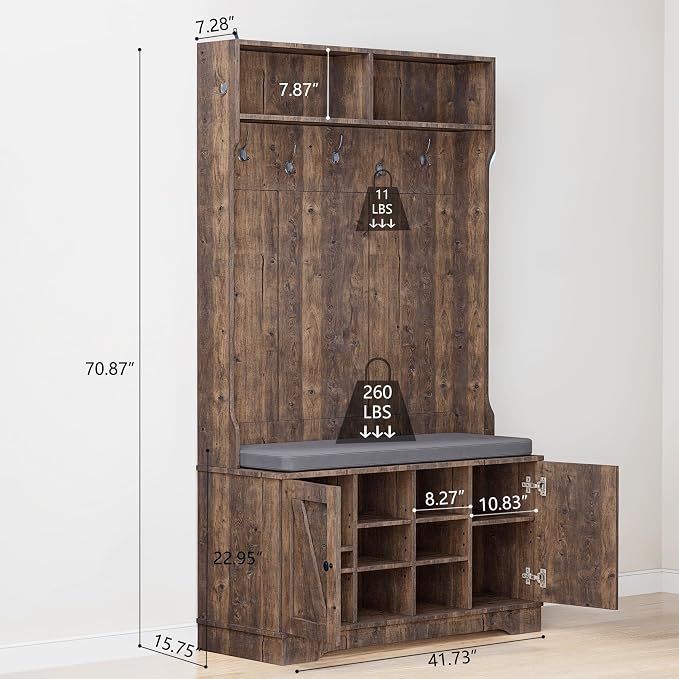 71" Hall Tree with Bench and Shoe Storage, Entryway Hall Tree with 2 Doors and 6 Adjustable Shelves, Cushioned Storage Bench with Coat Rack for Hallway, Living Room, Mudroom - Image 7