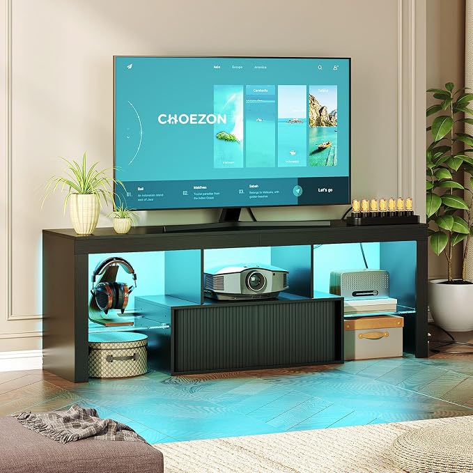 CHOEZON TV Stand with Power Outlet, Modern TV Cabinet for 55 60 inch TVs, Media TV Console with LED Light Strip, Media Entertainment Center with Storage, for Living Room, Bedroom, Black MDS02UDBB by Choezon