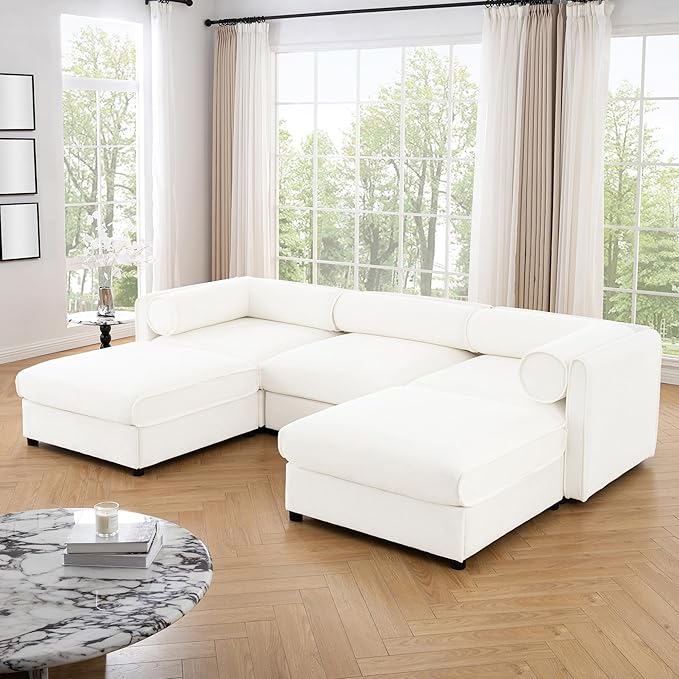 KEIKI 109" U-Shaped Modular Chenille Sectional Sofa with Storage Seat, 2 Ottoman, Modern Style 3-Seater Couch with Cylindrical Backrest and Armrests, Easy Assembly, for Apartment, Living Room, White