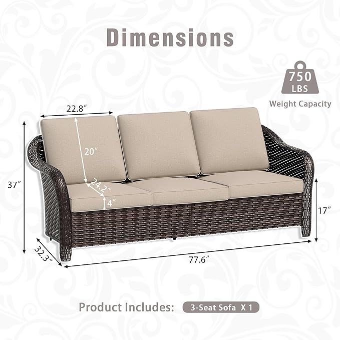 77 inch Outdoor Wicker 3 Seater Sofa, All-Weather Use Patio Rattan Sofa with Seat and Back Cushion, Ideal for Porch, Backyard, Balcony, Poolside, Beige