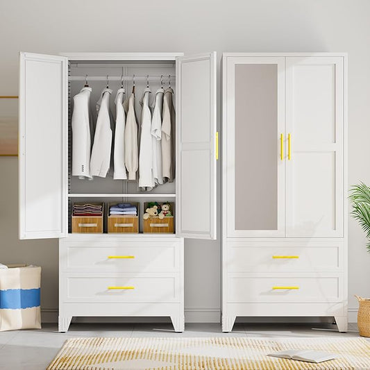 Metal Wardrobe Storage Cabinet with Mirror and Hanging Rod,71'' Metal Clothing Cabinet with 2 Doors and 2 Drawers and Adjustable Shelves for Bedroom, Laundry Room, Cloak Room (White)
