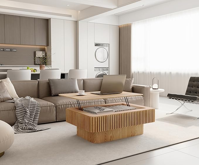 Coffee Table with Lifting Top for Living Room,Modern Natural Solid Wood Fluted Lift Top Coffee Table with Storage,38.6''Rectangular Smart Lift Pull Up Tabletop for Apartment Office,Oak