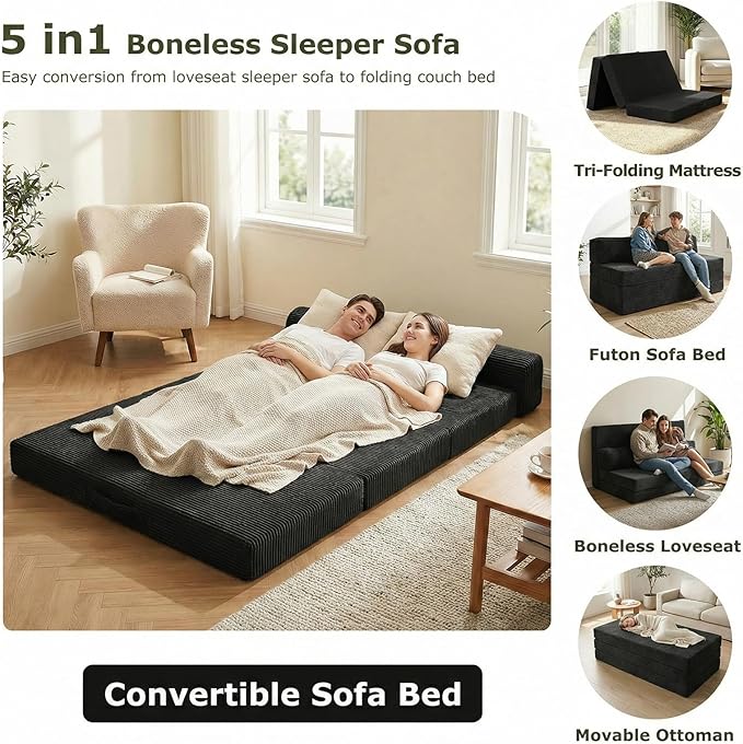 5-in-1 Convertible Sofa Bed, Boneless Loveseat Sleeper with Removable Cushions & Washable Cover, Futon Sofa Bed with Handle, Pull Out Couch for Small Spaces, Queen Size, Black