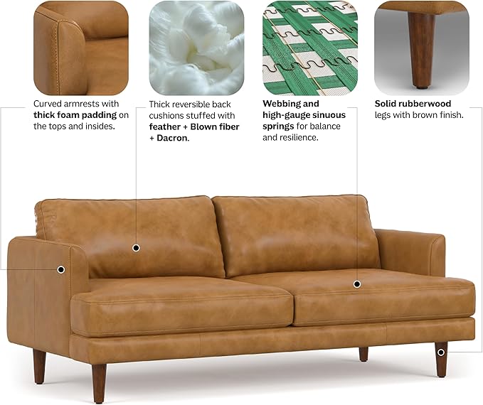 SIMPLIHOME Livingston Sofa - 76 inch Wide Top Grain Genuine Leather Sofa in Sienna, Mid-Century Modern Loveseat for Living Room with Removable Feather-Wrapped Cushions and Solid Wood Frame