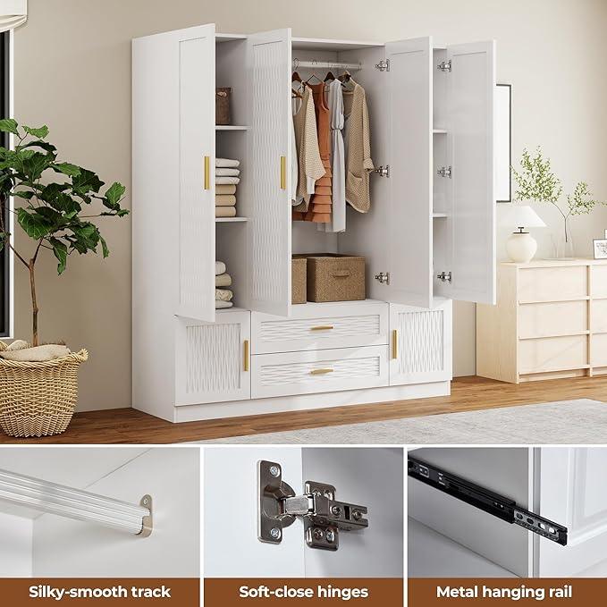 White Wardrobe Closet with Doors, 4 Drawers, Hanging Rods, Metal Handles, Large Capacity, Modern Minimalist Design, Textured Finish，Ideal for Bedroom 63.0" W x 20.39" D x 70.41" H (19)