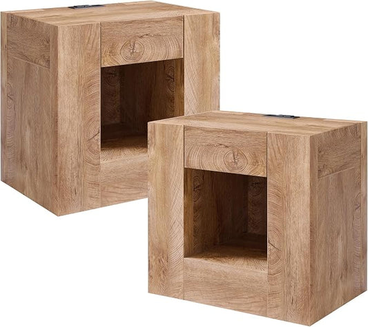 OKD 24" Modern Nightstands Set of 2, Large Wooden Night Stand with Charging Station & Drawer, Side Table Bedroom with Storage Shelf, Rustic End Table, Wood Thick Design, Light Tree Knot by OKD
