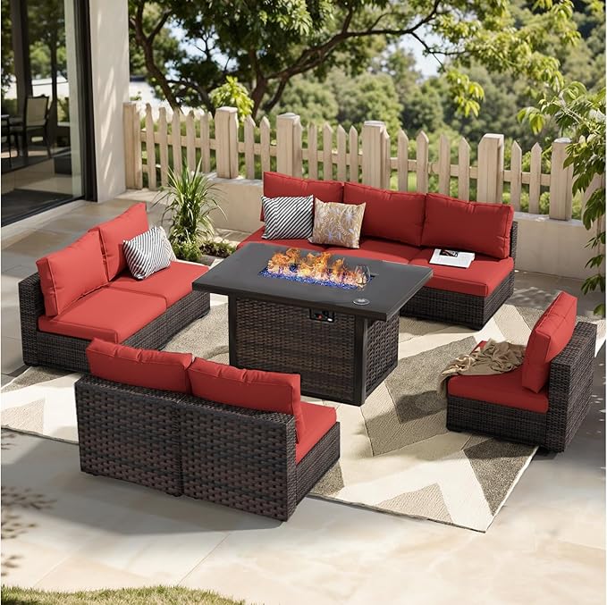 Patio Furniture Set Fire Pit Table 9 Piece All Weather PE Rattan Outdoor Sectional Sofa Couch with 8 x armless Sofa, No-Slip Cushions for Garden, Poolside, Backyard (Red)