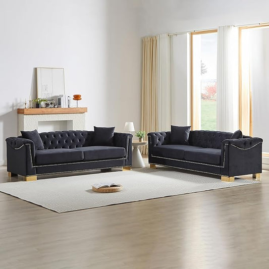 KEIKI 6 Seat Chesterfield Sofa, Upholstered 3+3 Seat Couch with Rolled Arm, Modern Combination Sofa for Living Room, Bedroom, Office, Black