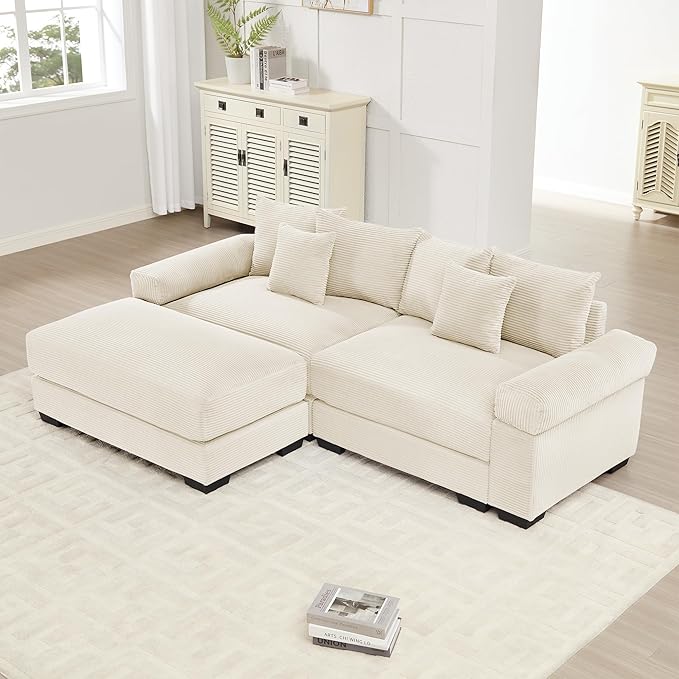 KEIKI 83" L-Shaped Oversized Corduroy Modular Sectional Loveseat Sofa with 1 Ottoman, High-Density Foam Cushion, Extra-Thick Armrest, 2-Seater Fluffy Corner Couch with 6 Pillow, for Living Room, Beige