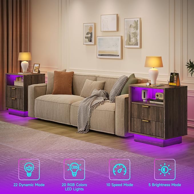 GOLDDAY Nightstands Set of 2 with Charging Station & LED Light, 2-Drawer Bedside Table with Outlets, Modern End Table with Open Shelf, for Bedroom, Home Office, Walnut - Image 4