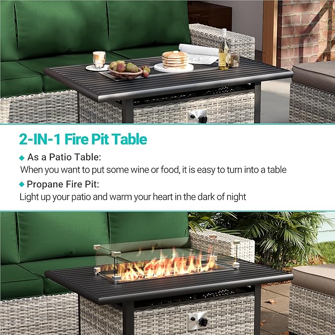 14-Piece Outdoor Patio Furniture Set with Rocking Swivel Chair, Wicker Rattan Sectional Sofa Conversation Set with 55,000 BTU Fire Pit Table, Backyard Furniture, Green