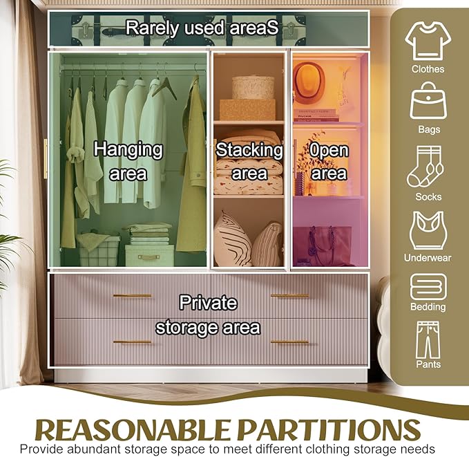 PAKASEPT 3 Door Armoire Wardrobe Closet, 70.87" H Bedroom Armoires with Drawers, Mirror, LED Light, Hanging Rod, Side Hooks, Large Capacity Storage Wardrobe Armoire for Bedroom