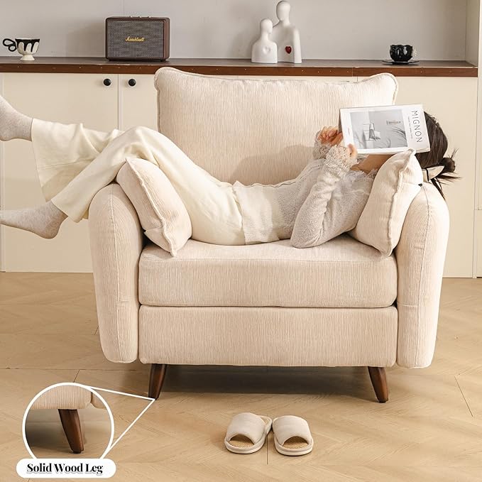 Rexulqo Oversized Accent Chair with Seats Storage,Comfy Living Room Chairs with 2 Throw Pillow,Upholstered Mid-Century Armchair,24.5'' Deep Seat,Reading Chair for Bedroom,Office,Chenille,Cream