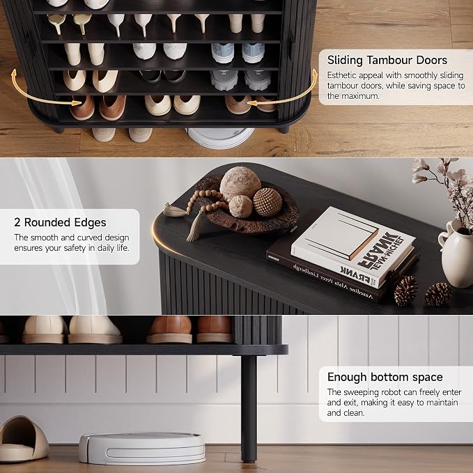 ONBRILL 6-Tier Shoe Cabinet with Sliding Door, Wooden Shoe Storage Cabinet with Adjustable Shelves, Mid-Century Modern Freestanding Shoe Storage Organizer for Entryway, Hallway, Living Room, Black - Image 7