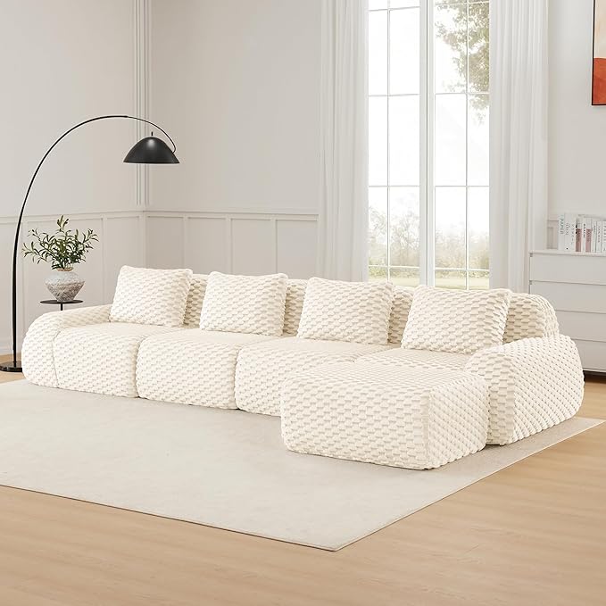 146" L-Shaped Compressed Sectional Cloud Sofa, Flannel Upholstered Modular Deep Seat Sofa with 5 Pieces, Modern Floor Boneless Foam Modular Cloud Couches for Living Room
