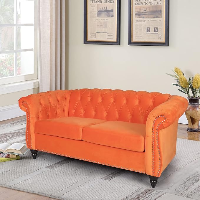 LEVNARY Velvet Sofa, Chesterfield Tufted Upholstered 2 Seater Couch, Modern Loveseat Couch Classic Furniture for Living Room Bedroom (Orange)