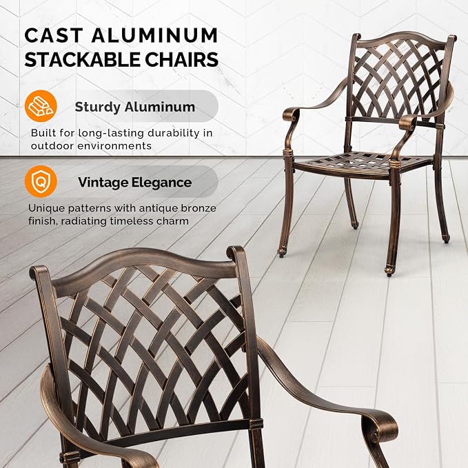VINGLI Patio Chairs Set of 4 - Stackable Outdoor Cast Aluminum Dining Chairs with Vintage Bronze Finish and Diamond Pattern, Metal Armchairs for Poolside, Backyard, Balcony (No Cushion) - Image 4
