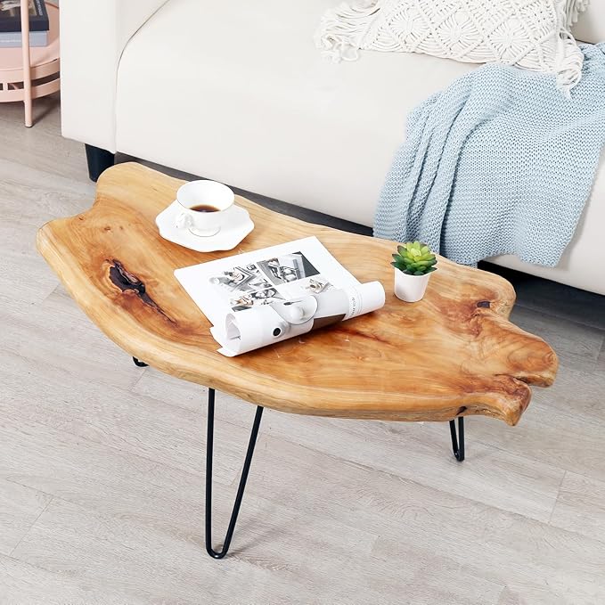 WELLAND Live Edge Cedar Wood Coffee Table Metal Hairpin Legs 32.5" W x 17" D x 16" H for Living Room, Patio, Bedroom, Home Office