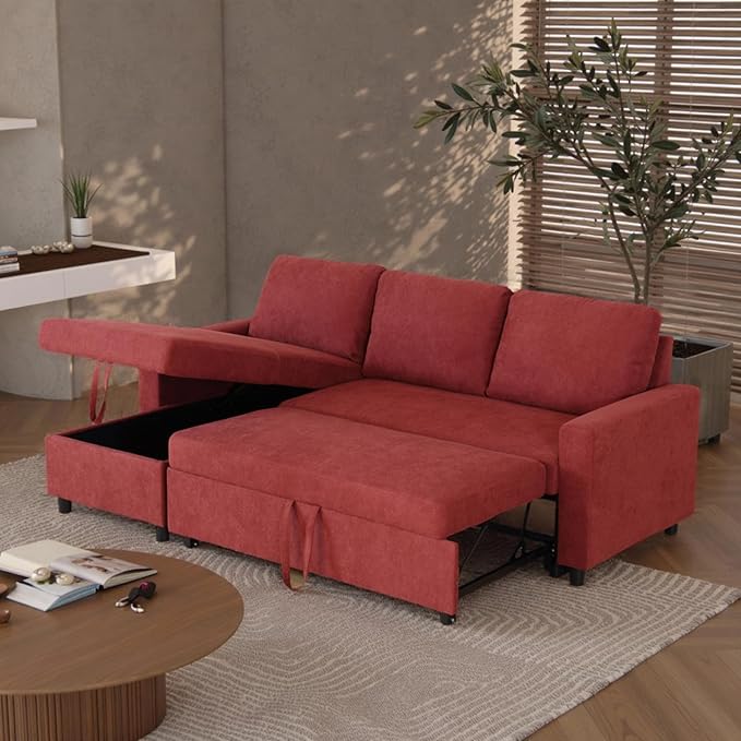 Convertible Sofa Bed Couch, 2 Seat Solid Wood Sectional Couches for Living Room with Storage, Sleeper Sofa Couch with Pullout Bed for Apartment, Red