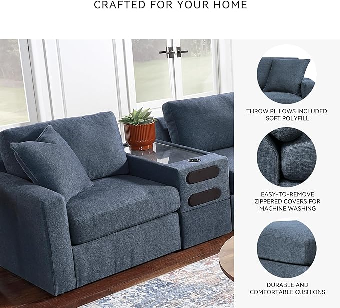 Signature Design by Ashley Modmax Contemporary Modular Stain Resistant 3-Piece Sectional with Audio Console, Drawer Storage, USB Ports and 2 Accent Pillows, Blue