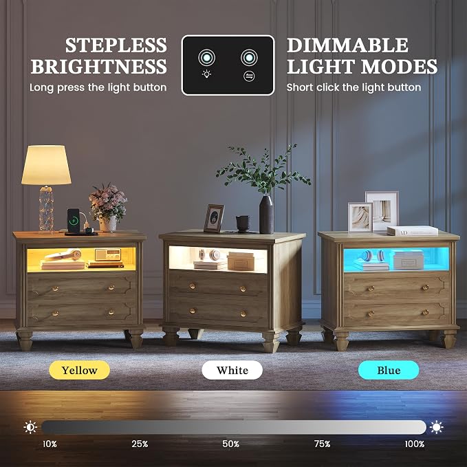FREDEES 28'' Large Nightstands Set of 2, Smart Bedside Tables with Outlet & Charger Station, LED Night Stand with 3-Color Light & Solid Wood Legs for Bedroom, Natural Wood - Image 3