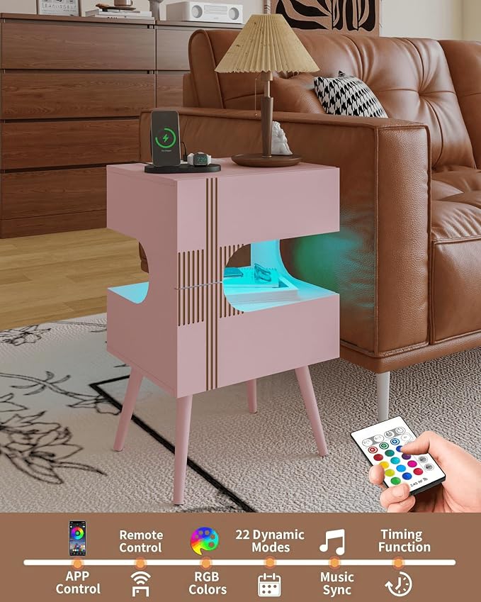 JOONEE White Nightstand with Charging Station and LED Lights,Modern Bedside Table with 2 Storage Drawer,Night Stand with Solid Wood Legs,White (Pink) - Image 4