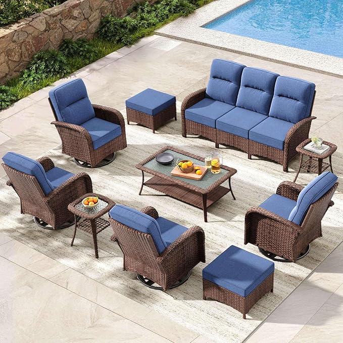 Patio Furniture Set with 6-Inch Thick Cushions, High Back Outdoor Swivel Rocker Chairs and Patio Couch, 10-Piece Easy Assembly Conversation Set for Porch Deck Pool Yard in Blue