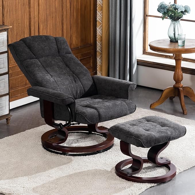 MCombo Manual Swivel Recliner with Ottoman, Chair Ottoman Set for RV Small Spaces, Living Room, Bedroom, Office 4919 (Chenille, Grey)