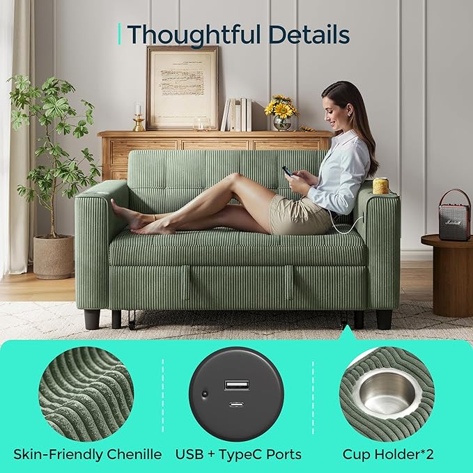 LINSY 54" Pull Out Couch with Charging Station - Sleeper Sofa Bed with Cup Holder, Small 3 in 1 Convertible Loveseat Sleeper Couch for Apartment, Dorm Room, Bedroom and Small Space, Olive Green