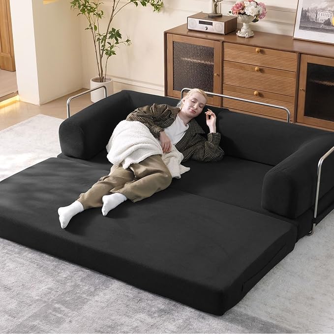 79" Convertible Sleeper Sofa Bed with Cylindrical Pillow, Corduroy Folding Mattress Couch with Fixed-Shape Frame, Floor Sofa Lounge Couch for Living Room Bedroom Lounge Studio (Black)