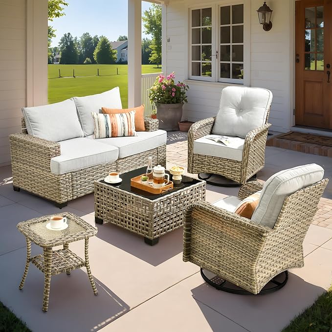 ovios 6 Piece Patio Sectional Furniture with Swivel Rocking Chairs, Rattan Wicker Coversation Set with Glowing Coffee Table, Outdoor Sofa Set for Outside Porch Balcony Backyard Pool, Light Grey
