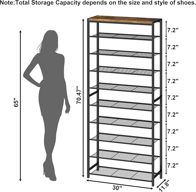 HOMEFORT 10 Tiers Shoe Rack Organizer,30" Shoe Storage Shelf for Closet, Shoe Rack for Entryway,Holds 36-40 Pairs of Shoe, Tall Shoe Stand with Metal Shelves and MDF Top Board,Rustic Brown - Image 3