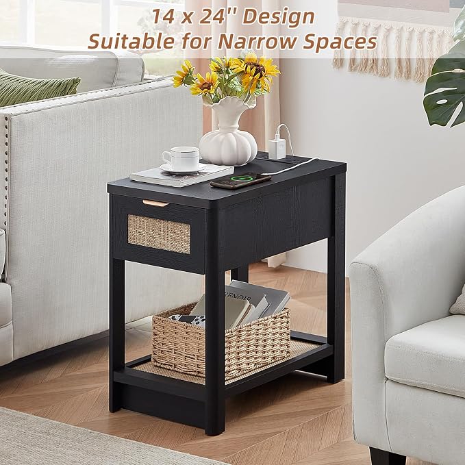 Lerliuo Narrow Night Stand with Charging Station, Boho Nightstand with Drawer, Bed Side End Table with Rattan Shelf for Small Spaces, Wood Nightstands Bedside Tables for Living Room Bedroom - Image 7