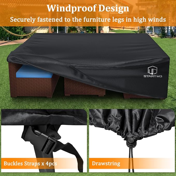 STARTWO Patio Furniture Covers Waterproof, Anti-UV Tear-Resistant 500D Heavy Duty 7-12 Seats Outdoor Furniture Cover for Sectional Sofa, Patio Table Cover, 98"x78"x28", Black - Image 5