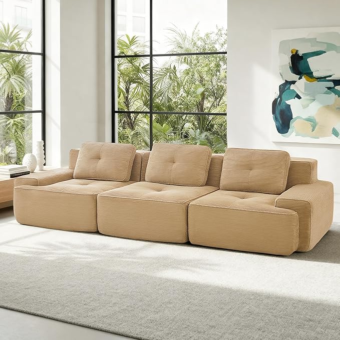 Casaphoria 115'' Camel Corduroy Sofa, Boneless Sectional Couch with 3 Pillows for Modern Living Room, Deep Seat Sofa No Assembly Modular Cloud Couch