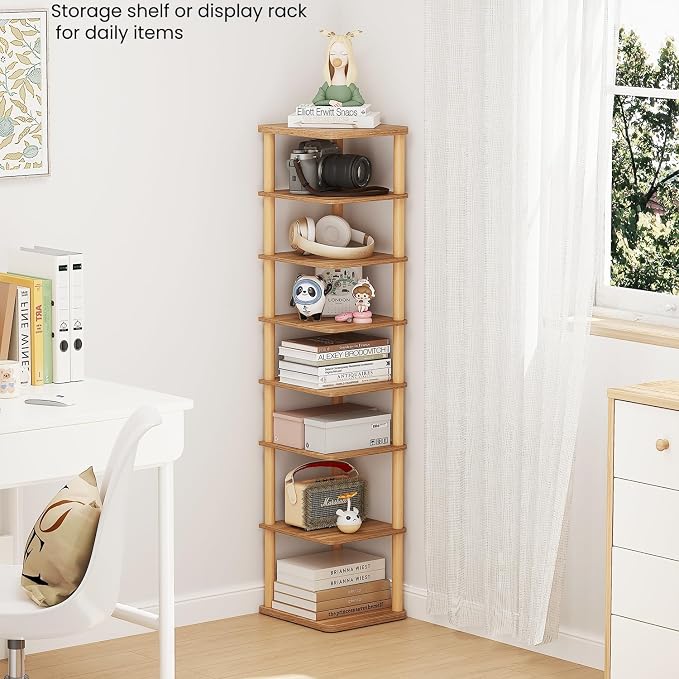 LUCKNOCK Vertical Shoe Rack, 8-Tier Tall Narrow Shoe Organizer for Entryway, Closet, Dorm & Small Spaces, Freestanding Wooden Shoe Shelf Tower for Boots, Sneakers, Heels. (Walnut) - Image 6