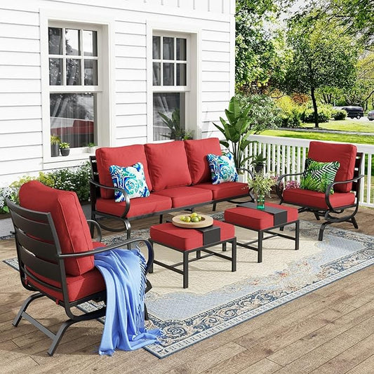 MFSTUDIO 5 Pieces Patio Conversation Sets, Metal Outdoor Furniture Sofas with 1 x 3-Seat Sofa, 2 x Rocking Chairs, 2 x Ottomans, Steel Frame with Burgundy Red Cushion for Patio Garden