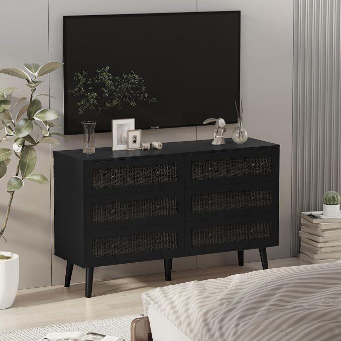 Dresser for Bedroom with 6 Drawer, Rattan Chest of Dressers, Wide Wood Double Dresser, Wooden TV Stand Closet Storage Furniture, Boho Small Clothes Organizer for Hallway, Living Room, Entryway, Black - Image 3