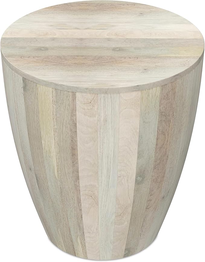 SIMPLIHOME Elmbrook End Table - 21 inch Wide Solid Mango Wood Round Drum Table with Vertical Panel Detailing in White Wash, Modern Nightstand or Plant Stand for Living Room or Bedroom, Assembled