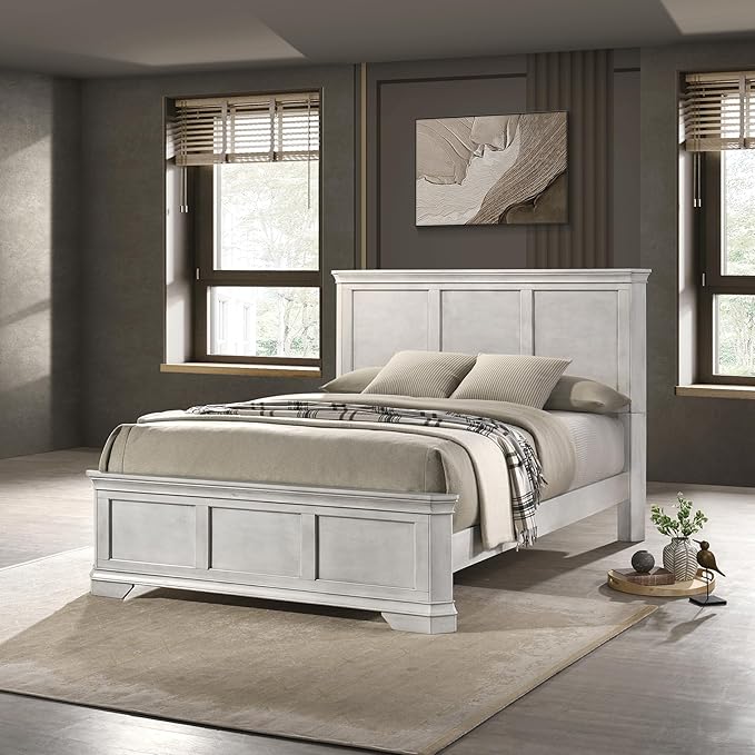 Roundhill Furniture Maderne Wood Panel Bed with Two Nightstand, Queen, Antique White Finish
