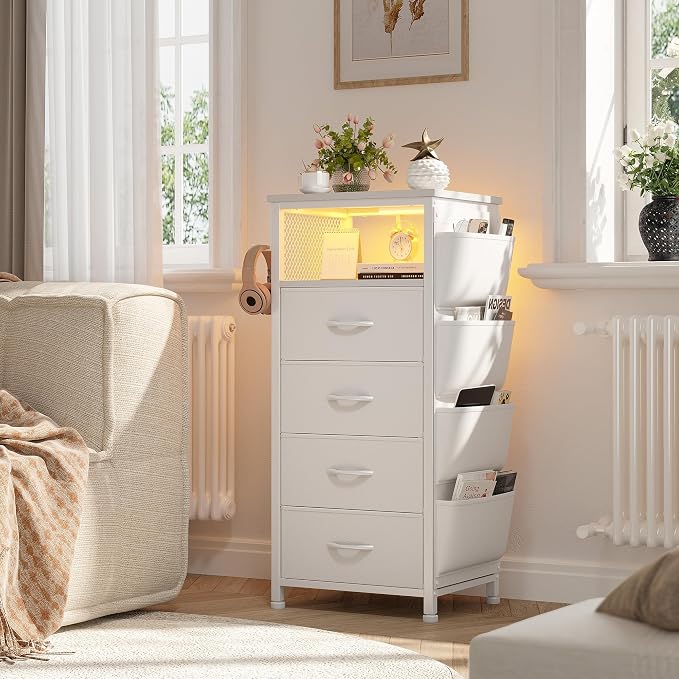White Nightstand Set of 2,LED Night stand with Charging Station,Fabric Bedside Table for Bedroom, Hallway, Entryway, Living Room, Closet, Sturdy Steel Frame, Wood Top, Cloth Bags, Hooks, White - Image 5