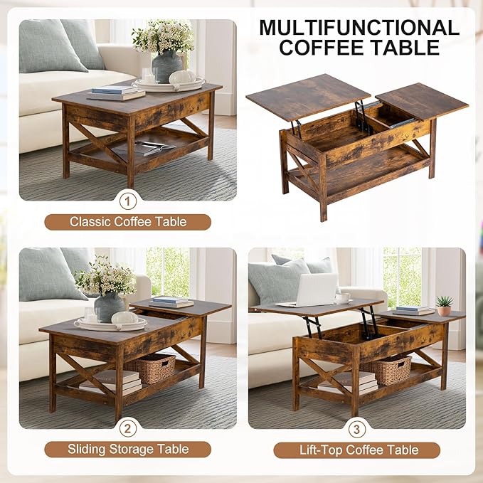 Lift Top Coffee Table with Storage, Small Coffee Table with Hidden Compartment, Dining Center Tables with Lifting Tabletop for Living Room, Home Office