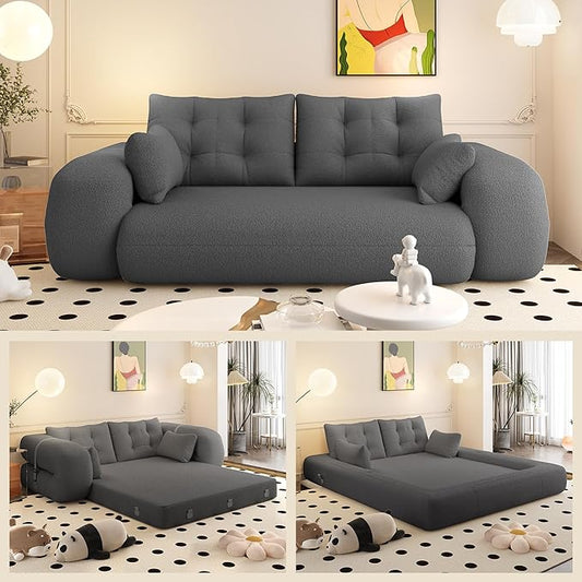 78.7" Convertible Sofa Bed, 3-in-1 Folding Floor Couch with 4 Pillows, Sleeper Sofa for Living Room and Guest Bed, No Assembly Required (Grey, Teddy Fabric)
