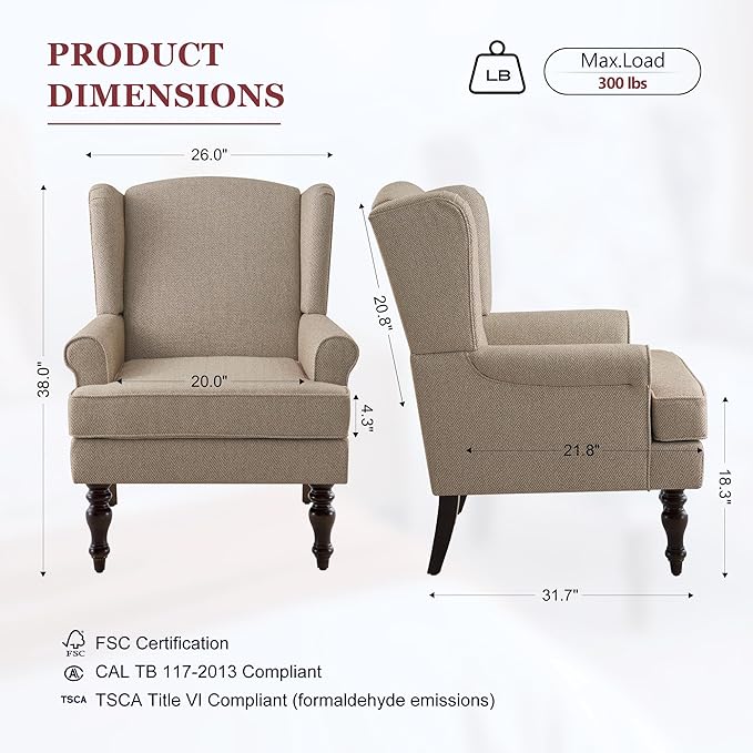 HUIMO Printed Wingback Accent Chair, Linen Upholstered High Back Armchair, Comfy Reading Chair for Living Room Bedroom Study, 300lbs Weight Capacity (1, Brown with Lines)