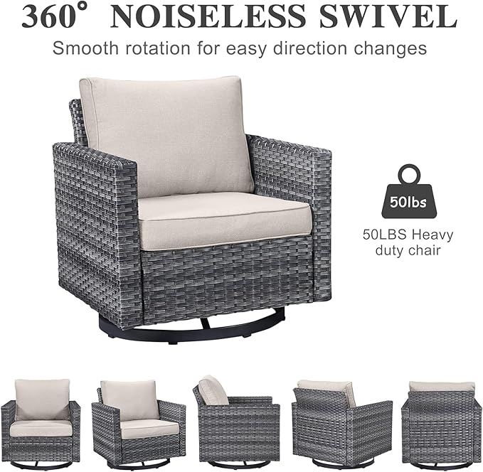 Belord Wicker Patio Furniture 5 Piece Outdoor Sofa Set, Oversize Outdoor Swivel Rocker Chairs with Rattan Ottomans, Conversation Sets Patio Furniture Come with Removable Washable Cushion Beige
