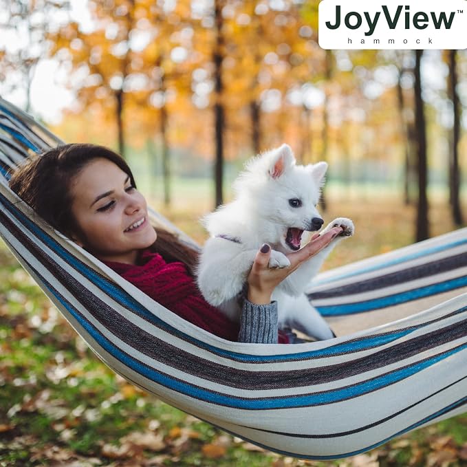 JoyView Brazilian Double Hammock with Hanging Ropes Extra Large 86.6x59” Portable Cotton Hammock for Patio Backyard Porch 450LBS Weight Capacity Perfect for Outdoor/Indoor - Natural White - Image 7