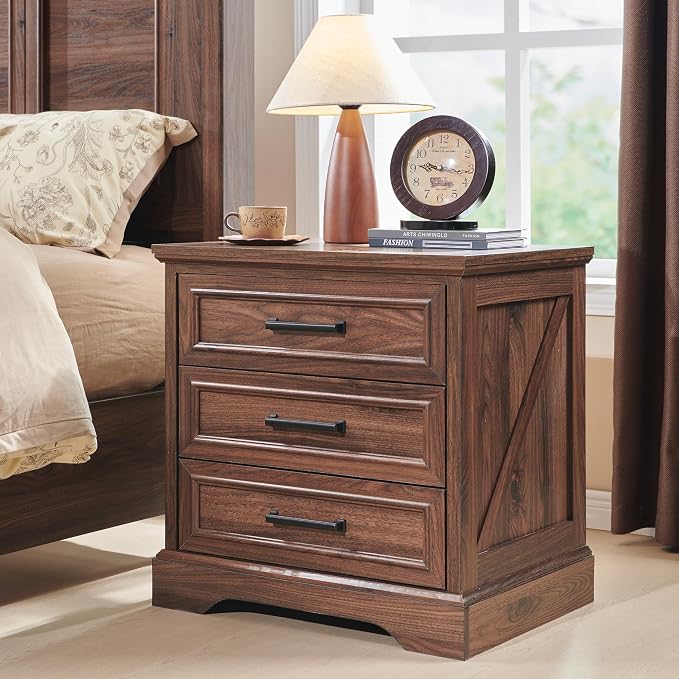 ACCOHOHO Farmhouse Nightstands Set of 2, 22 Inch Wide End Table with Charging Station & 3 Large Drawers, Rustic Wood Small Dresser Chest of Drawers for Bedroom, Living Room, Brown - Image 2