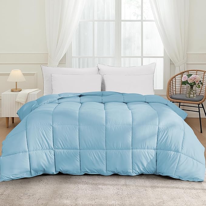 Peace nest Queen Size Goose Feather Fiber and Down Comforter Fluffy Duvet Insert All Season Hotel Luxury Bedding Comforters Soft Medium Warmth 88x88 Inches Blue